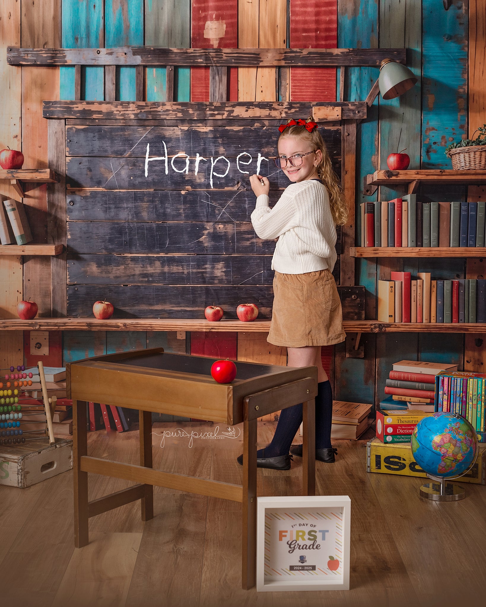 Kate Retour à l'école Étagère à livres Mur en bois Toile de fond conçue par Emetselch - Kate Backdrop FR