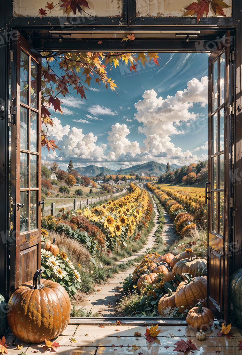 Kate Automne Bleu Ciel Ferme Tournesol Porte Toile de fond pour la photographie - Kate Backdrop FR