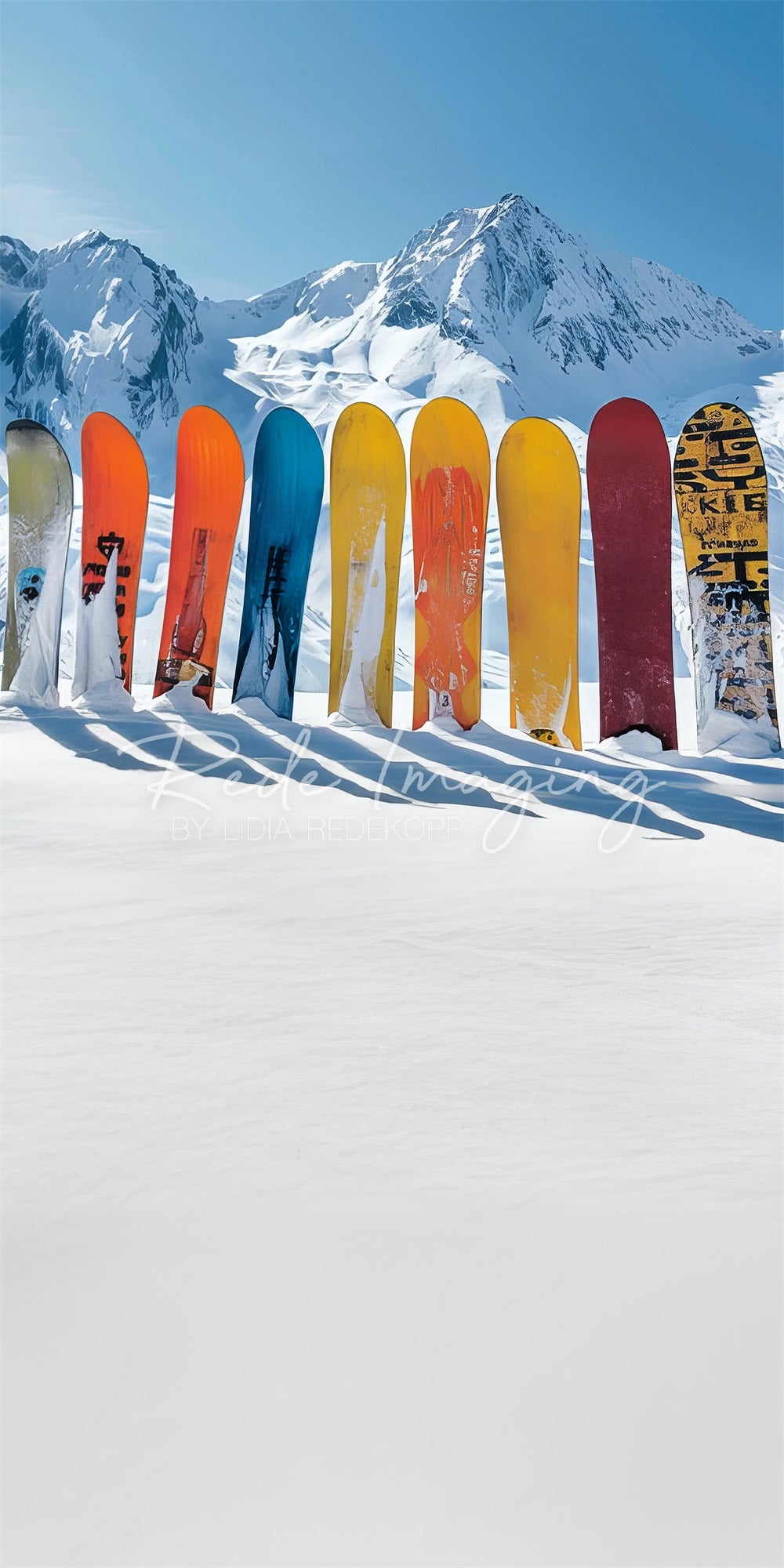 Kate Sweep Mur-à-Sol Montagne enneigée Skis Toile de fond conçue par Lidia Redekopp - Kate Backdrop FR