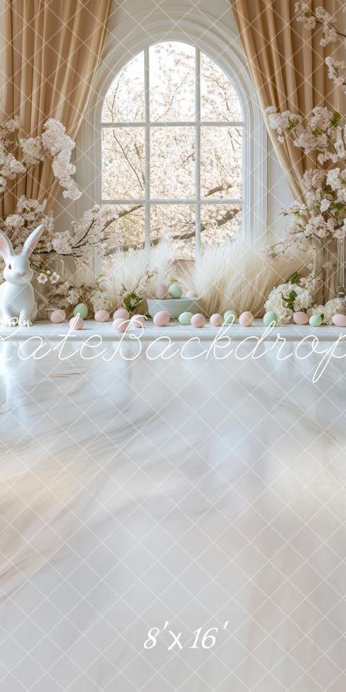 Kate Sweep Mur-à-Sol Pâques Lapin Fleurs Fenêtre Blanc Toile de fond conçue par Mini MakeBelieve