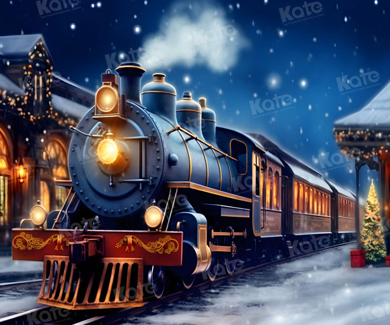 Kate Neige Nuit Train Noël Toile de fond pour la photographie - Kate Backdrop FR