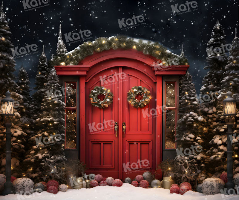 Kate Hiver Nuit Noël Porte rouge Neige Toile de fond pour la photographie - Kate Backdrop FR