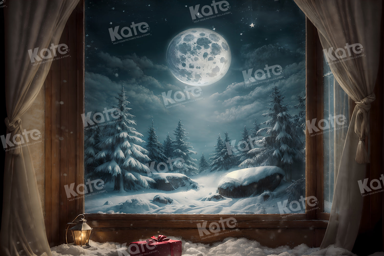 Kate Hiver Fenêtre Lune Neige Arbres Toile de fond pour la photographie - Kate Backdrop FR