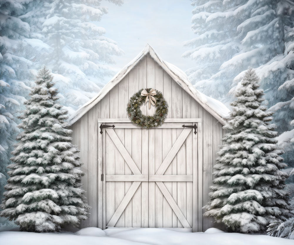 Kate Hiver Noël Blanc Grange Porte Neige Toile de fond conçue par Emetselch - Kate Backdrop FR