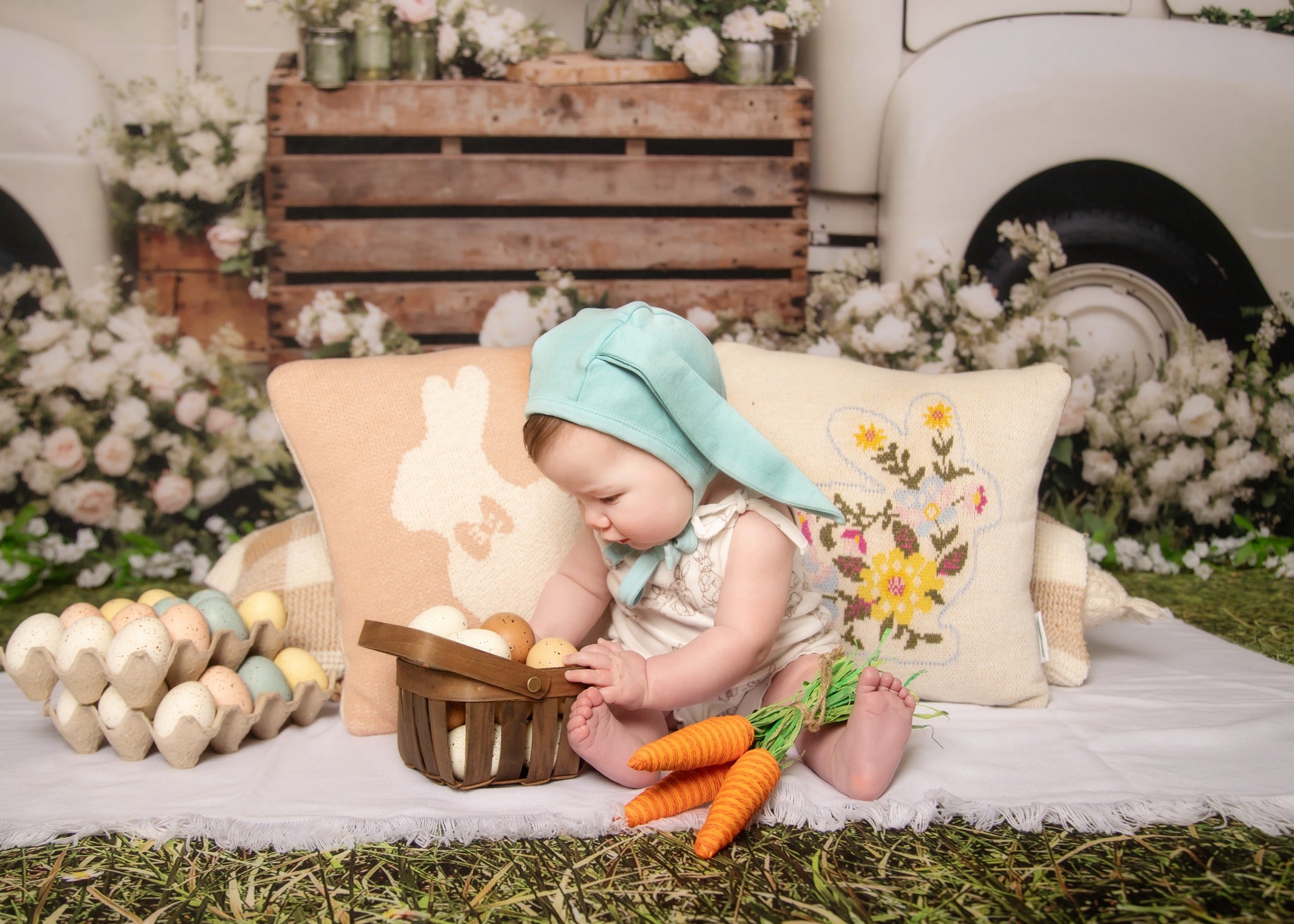 Kate Printemps Blanc Fleurs Camion Toile de fond+Printemps Herbe Sol Toile de fond - Kate Backdrop FR