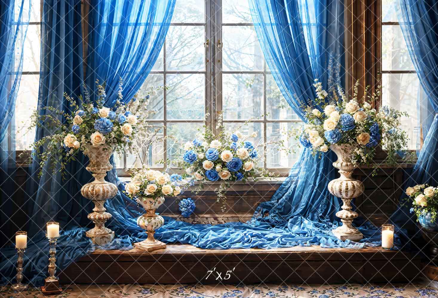 Kate Bleu Fleurs Bougies Fenêtre Chambre Toile de fond conçue par Emetselch - Kate Backdrop FR