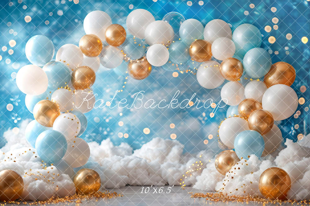 Kate Ballons Blanc Bleu Doré Anniversaire Toile de fond conçue par Emetselch - Kate Backdrop FR