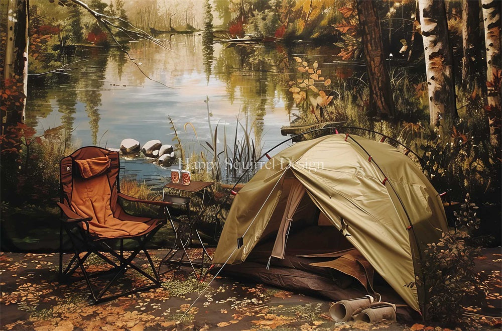 Kate Automne Extérieur Forêt Camping Tente Lac Chaise Toile de fond Conçu par Happy Squirrel Design - Kate Backdrop FR