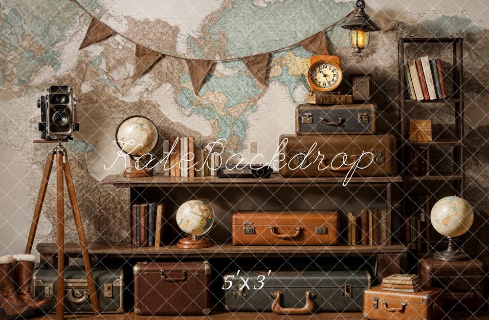 Offres Éclair Kate Vintage Caméra Valise Globe Voyage Toile de fond conçue par Emetselch - Kate Backdrop FR