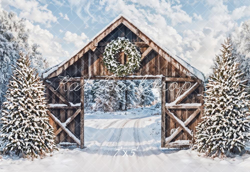 Kate Hiver Neige Forêt Porte en bois Noël Toile de fond conçue par Emetselch - Kate Backdrop FR