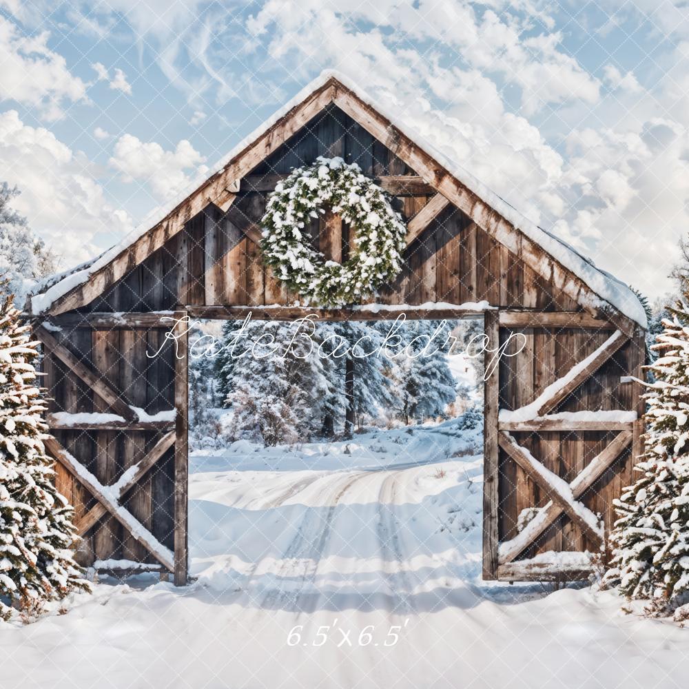 Kate Hiver Neige Forêt Porte en bois Noël Toile de fond conçue par Emetselch - Kate Backdrop FR