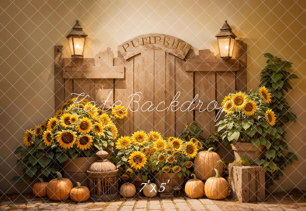 GROUPE VIP -  Kate Automne Tournesol Citrouille Porte en bois Toile de fond conçue par Emetselch - Kate Backdrop FR