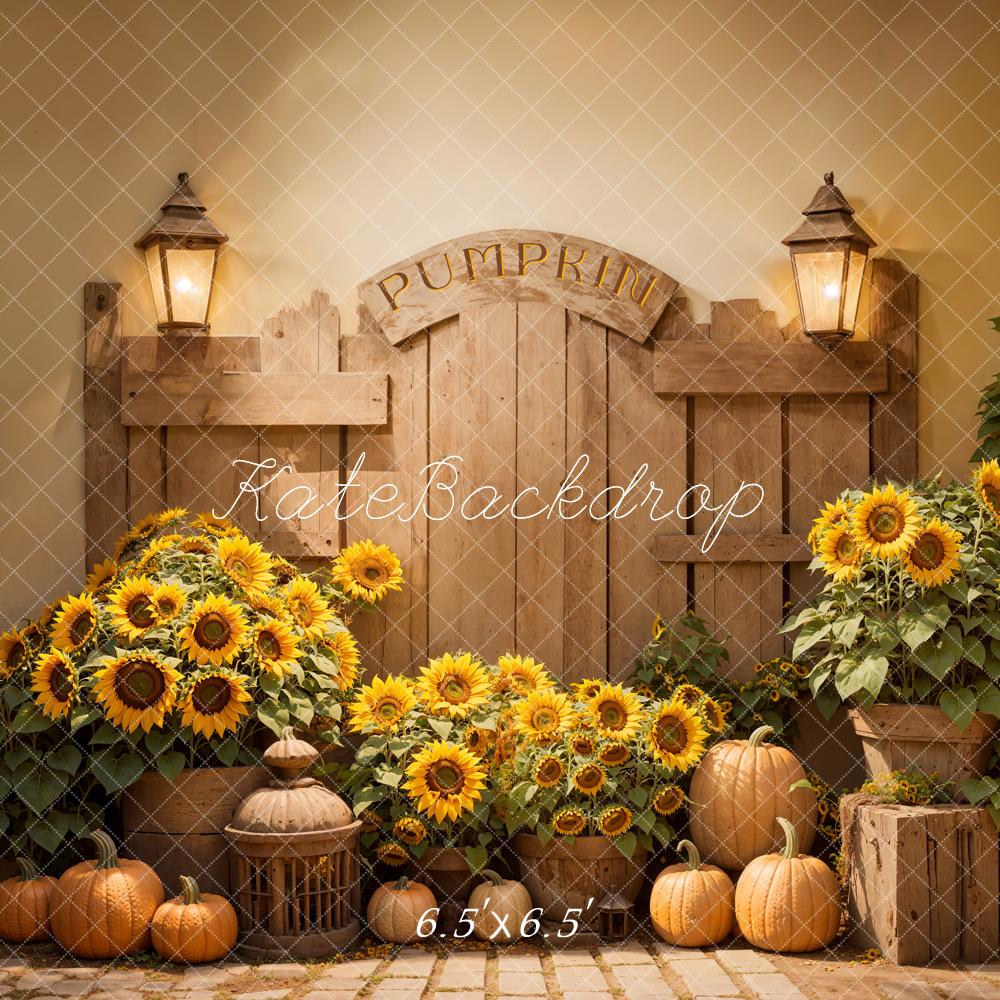 GROUPE VIP -  Kate Automne Tournesol Citrouille Porte en bois Toile de fond conçue par Emetselch - Kate Backdrop FR