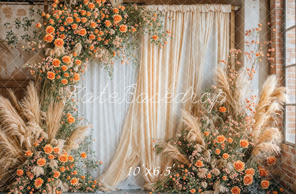 GROUPE VIP -  Kate Bohème Fleurs oranges Rideau Roseau Toile de fond conçue par Emetselch - Kate Backdrop FR