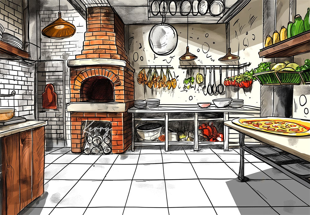 GROUPE VIP - Kate Restaurant de Pizza Peinture abstraite Toile de fond conçue par Kerry Anderson - Kate Backdrop FR