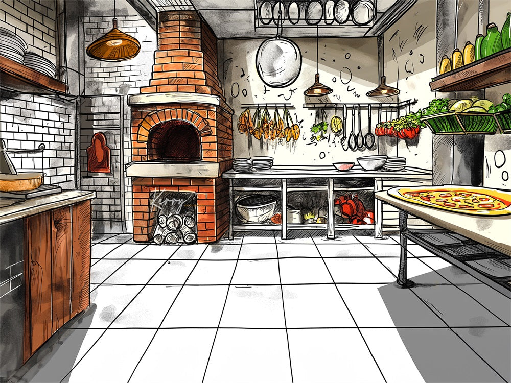 GROUPE VIP - Kate Restaurant de Pizza Peinture abstraite Toile de fond conçue par Kerry Anderson - Kate Backdrop FR