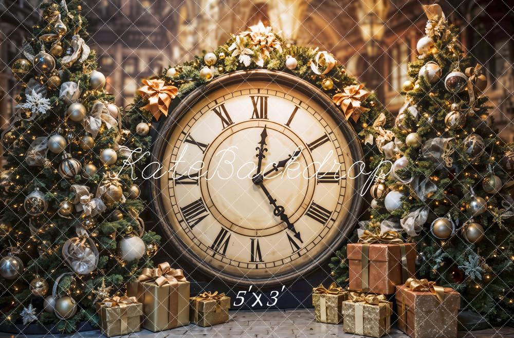 GROUPE VIP - Kate Rétro Noël Grande horloge Cadeaux Doré Toile de fond conçue par Emetselch - Kate Backdrop FR