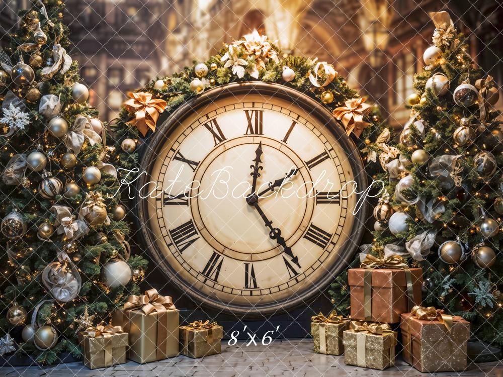 GROUPE VIP - Kate Rétro Noël Grande horloge Cadeaux Doré Toile de fond conçue par Emetselch - Kate Backdrop FR