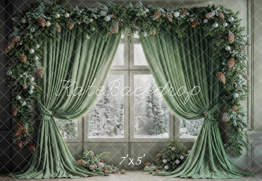 GROUPE VIP - Kate Hiver Noël Rideau Vert Fenêtre Intérieur Toile de fond conçue par Emetselch - Kate Backdrop FR