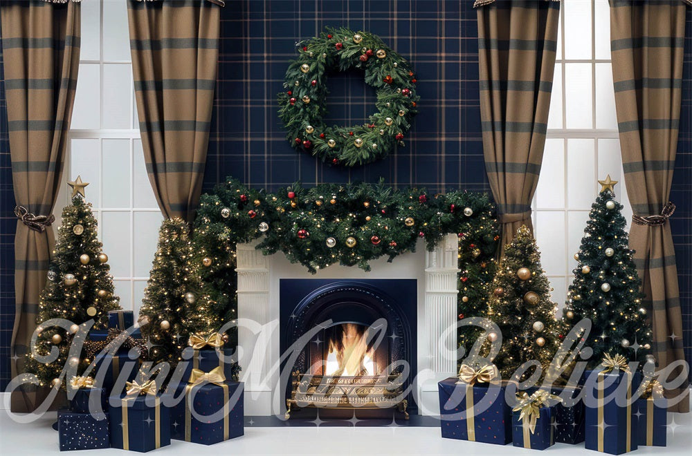 Kate Intérieur Marine Plaid Cheminée Noël Toile de fond conçue par Mini MakeBelieve - Kate Backdrop FR