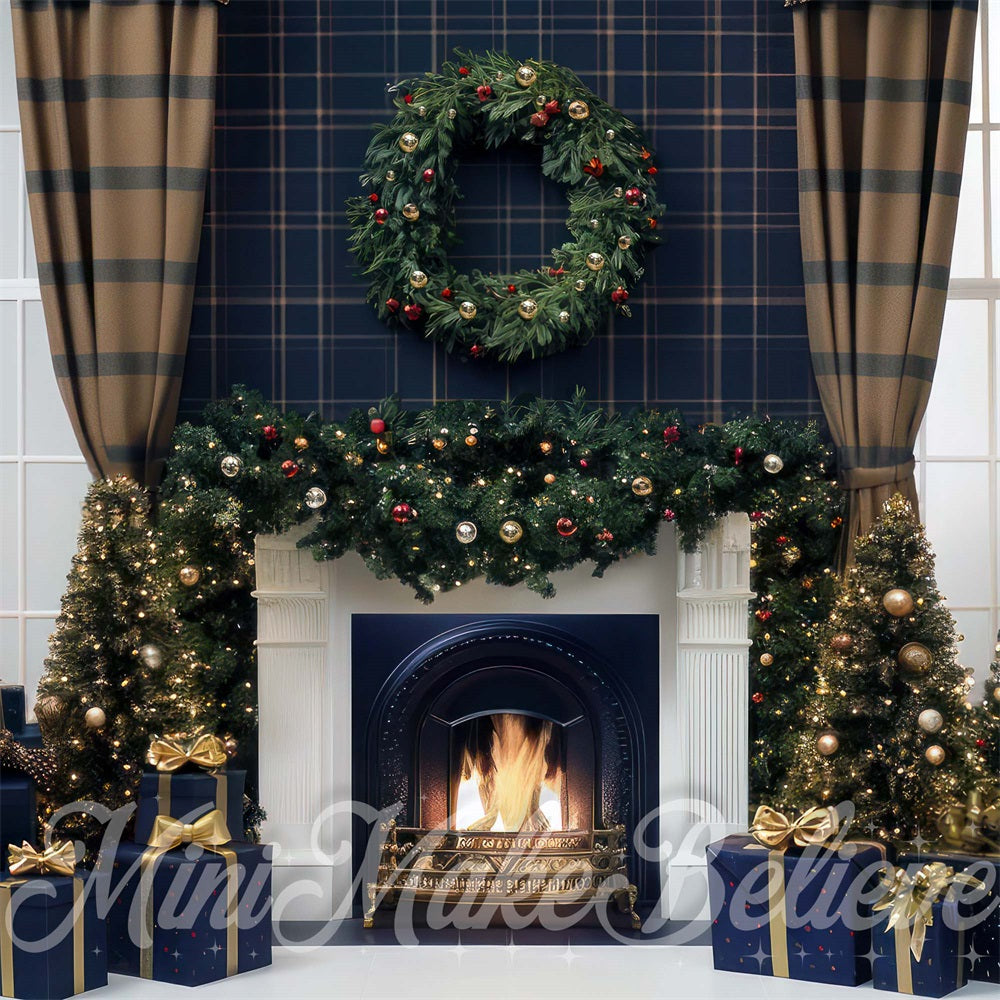 Kate Intérieur Marine Plaid Cheminée Noël Toile de fond conçue par Mini MakeBelieve - Kate Backdrop FR