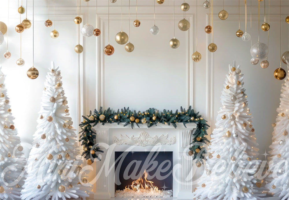 Kate Blanc Noël Décors Dorés Rétro Cheminée Toile de fond conçue par Mini MakeBelieve - Kate Backdrop FR