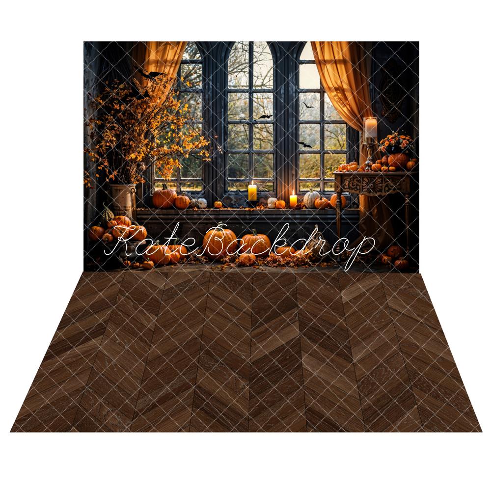 Kate Automne Halloween Citrouille Fenêtre Toile de fond+Marron foncé Parquet à chevrons Sol Toile de fond - Kate Backdrop FR