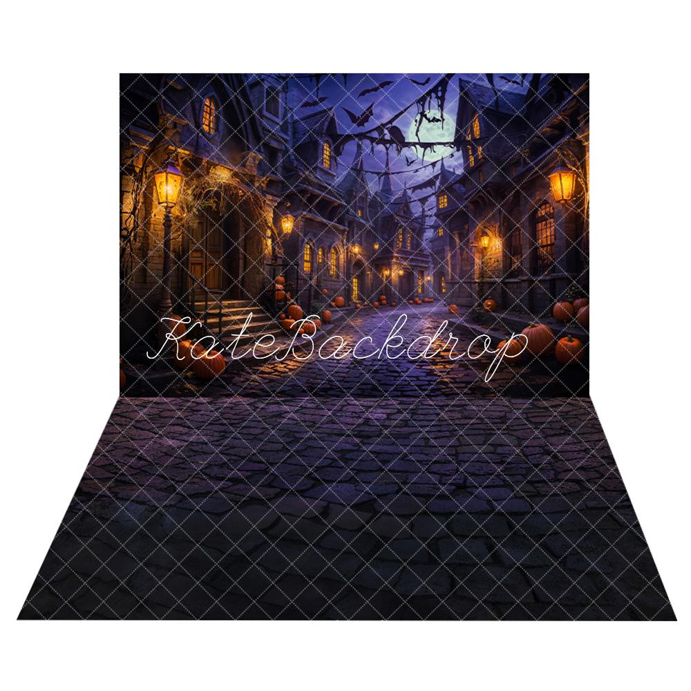 Offres Éclair Kate Halloween Citrouille Rue Chauve-souris Toile de fond+Violet foncé Route en briques Sol Toile de fond - Kate Backdrop FR