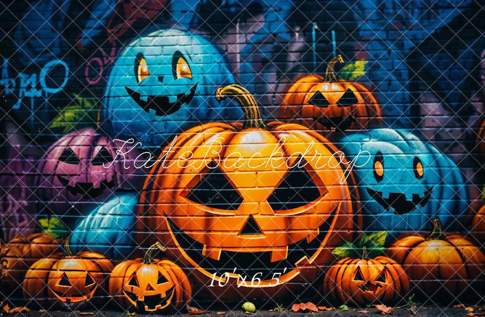 Kate Halloween Citrouille Graffiti Mur de briques Toile de fond conçue par GQ - Kate Backdrop FR