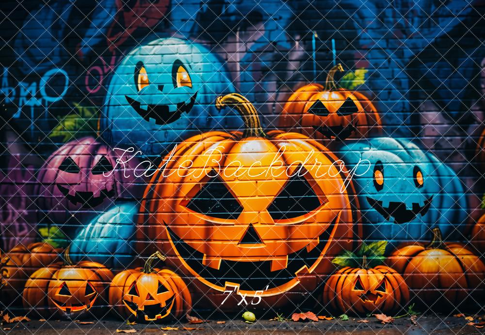 Kate Halloween Citrouille Graffiti Mur de briques Toile de fond conçue par GQ - Kate Backdrop FR