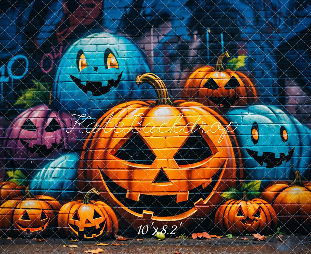 Kate Halloween Citrouille Graffiti Mur de briques Toile de fond conçue par GQ - Kate Backdrop FR