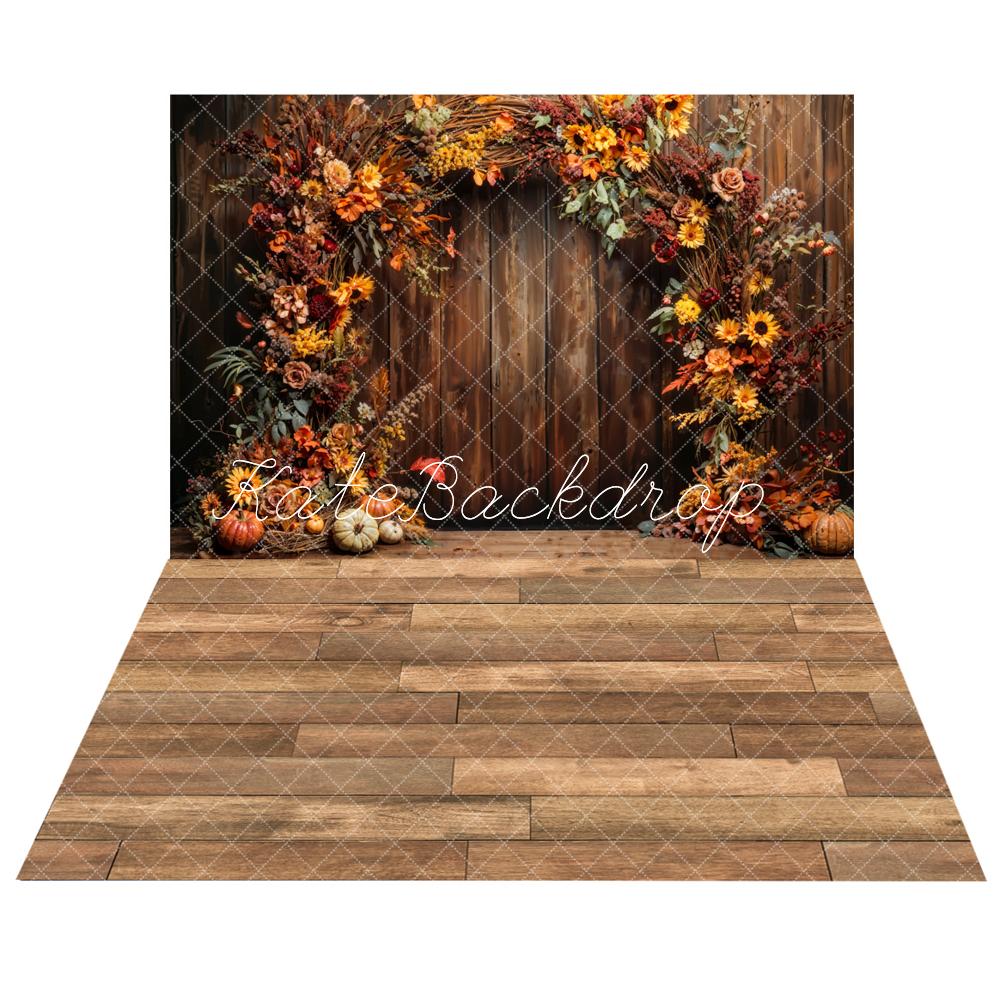 Kate Automne Citrouille Fleur Arche Mur en bois Toile de fond+Brun Parquet Sol en bois Toile de fond - Kate Backdrop FR