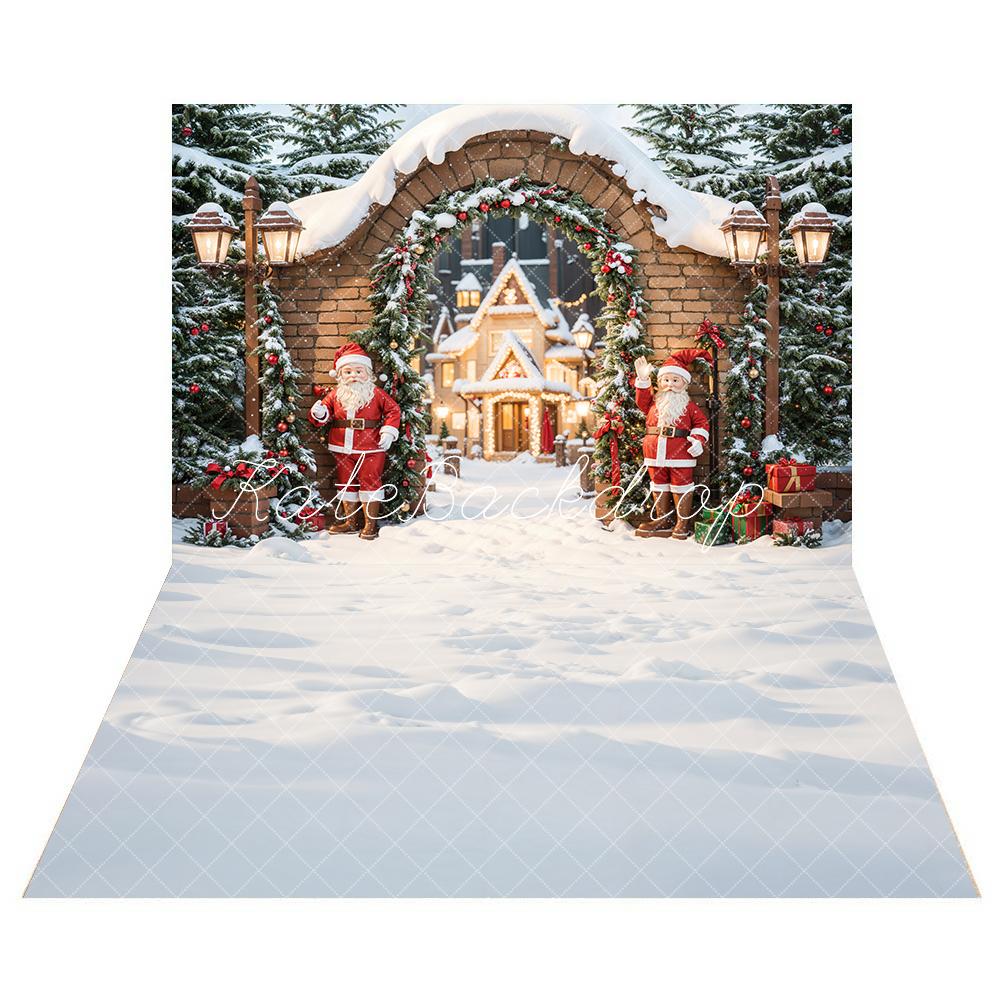 Kate Père Noël Château Porte en brique Neige Toile de fond+Hiver Neige Extérieur Blanc Sol Toile de fond - Kate Backdrop FR