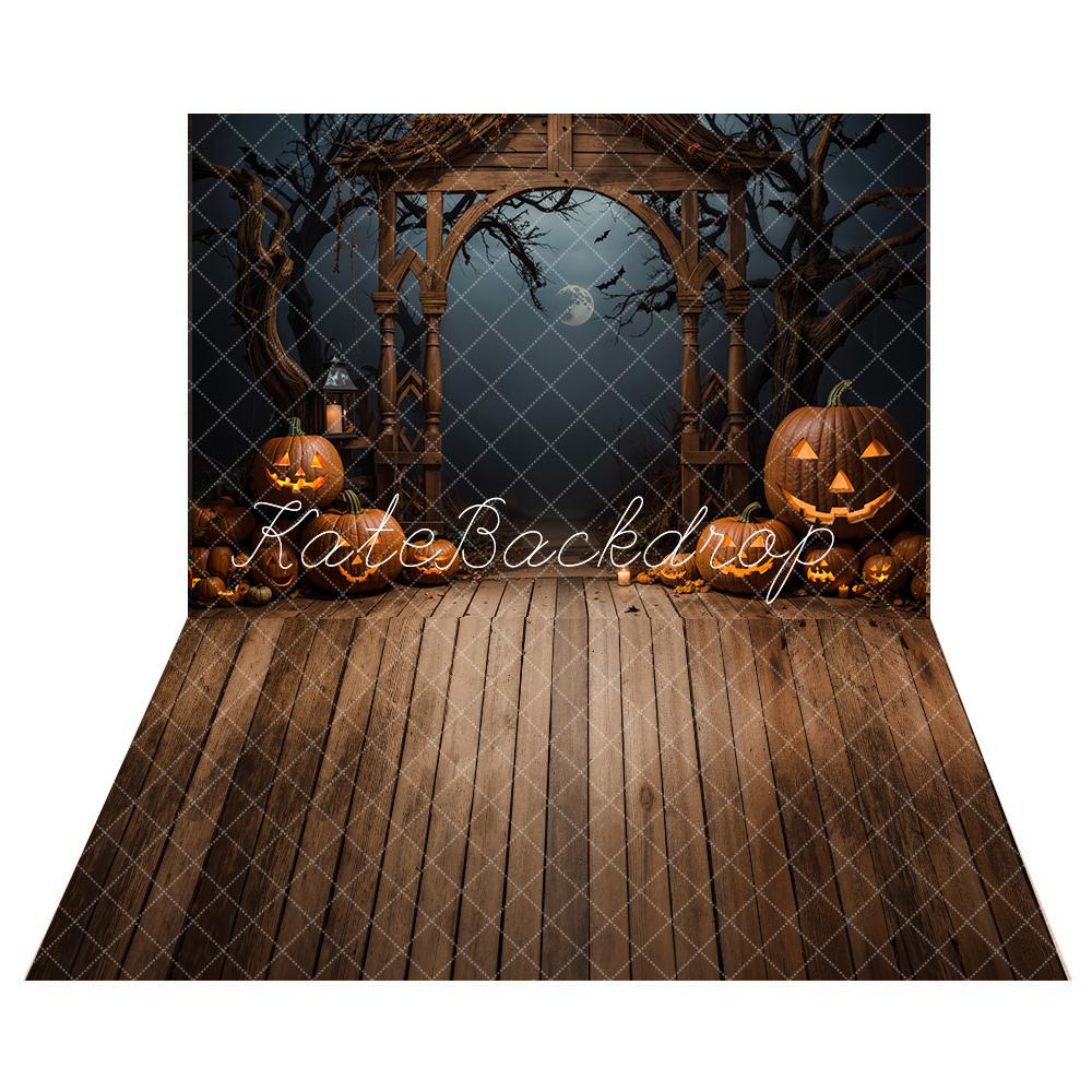 Kate Halloween Sombre Citrouille Arche Nuit Toile de fond+Brun foncé Parquet Sol en bois Toile de fond - Kate Backdrop FR