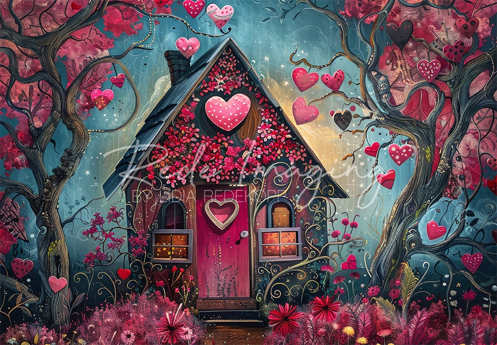 Kate Dessin animé Forêt Rose Cœur Cabane Toile de fond conçue par Lidia Redekopp - Kate Backdrop FR