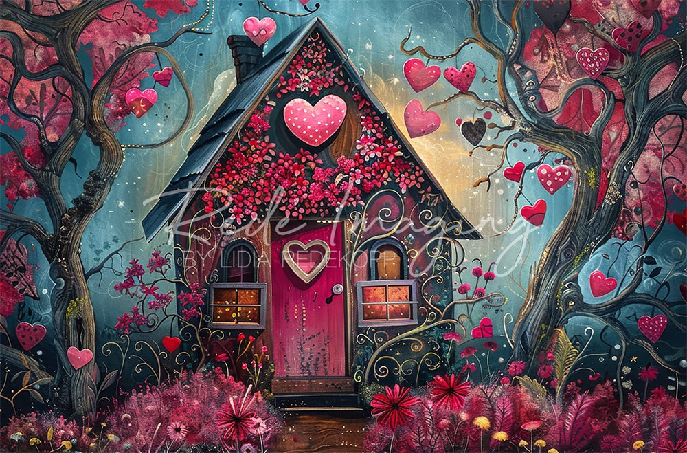 Kate Dessin animé Forêt Rose Cœur Cabane Toile de fond conçue par Lidia Redekopp - Kate Backdrop FR