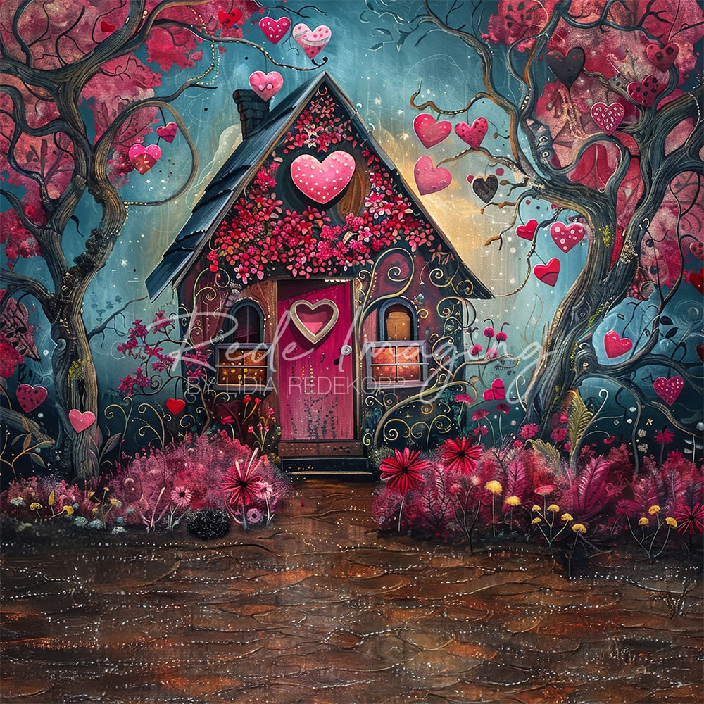 Kate Dessin animé Forêt Rose Cœur Cabane Toile de fond conçue par Lidia Redekopp - Kate Backdrop FR