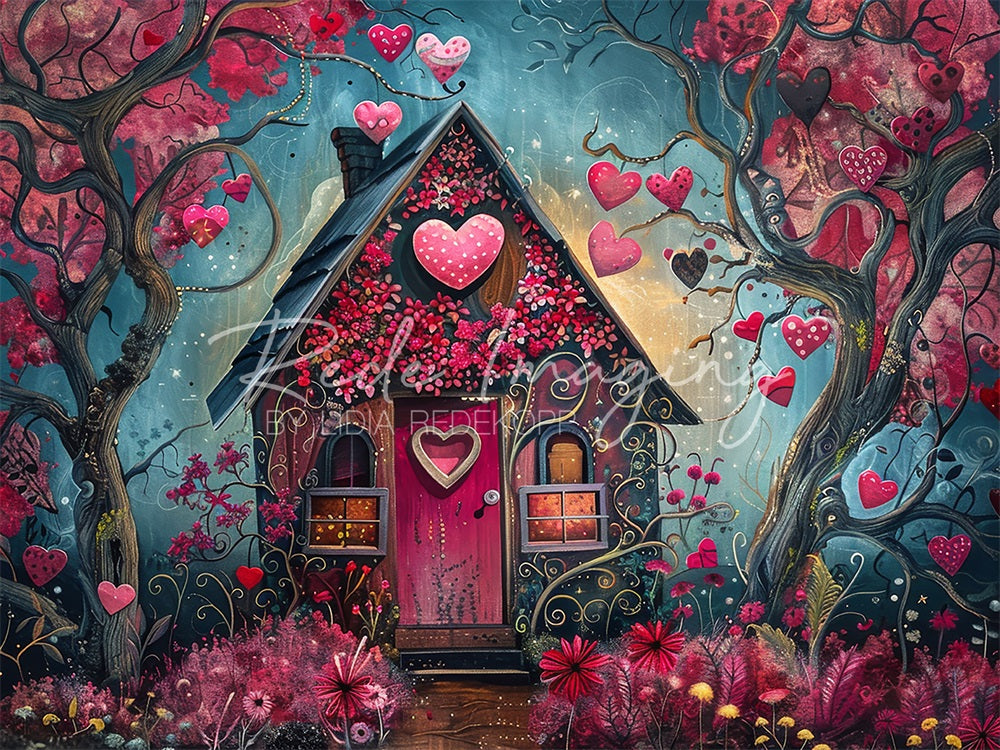 Kate Dessin animé Forêt Rose Cœur Cabane Toile de fond conçue par Lidia Redekopp - Kate Backdrop FR