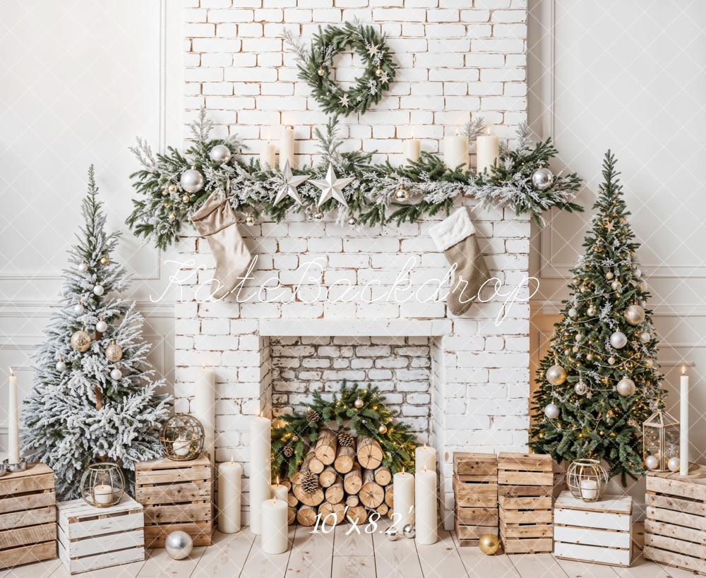 Kate Sapin de Noël Blanc Cheminée en brique Bois Toile de fond conçue par Emetselch - Kate Backdrop FR