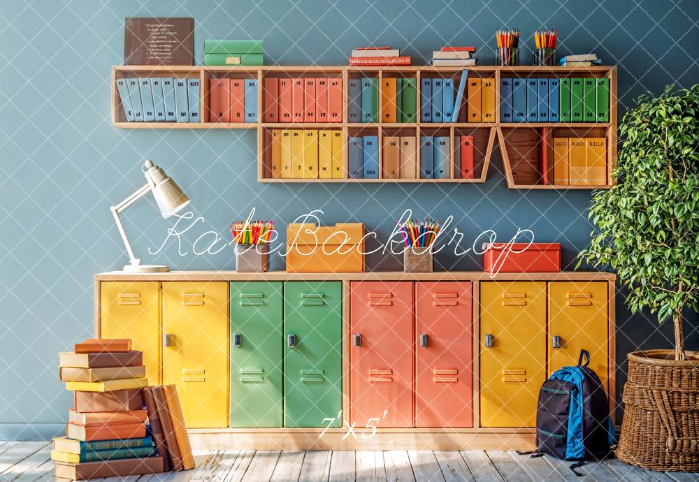 Kate Retour à l'école Coloré Casier Bibliothèque Toile de fond conçue par Emetselch - Kate Backdrop FR