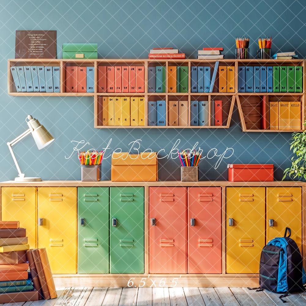 Kate Retour à l'école Coloré Casier Bibliothèque Toile de fond conçue par Emetselch - Kate Backdrop FR