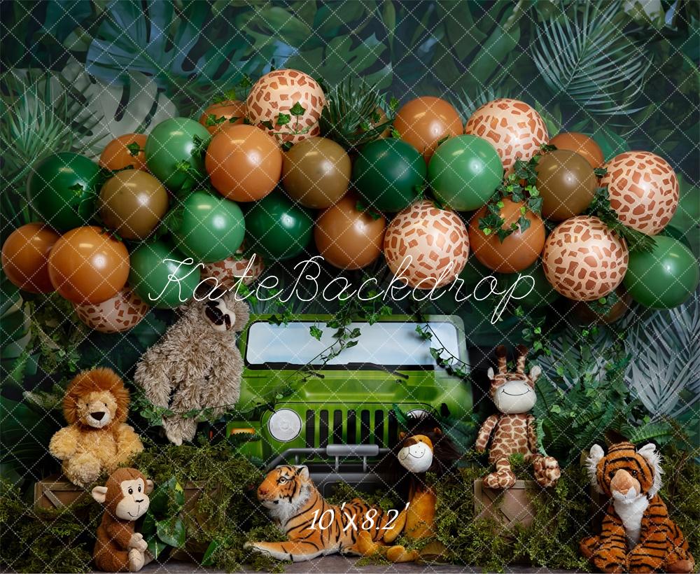 Kate Safari Jungle Animaux Cake smash Ballons Toile de fond conçue par Megan Leigh - Kate Backdrop FR