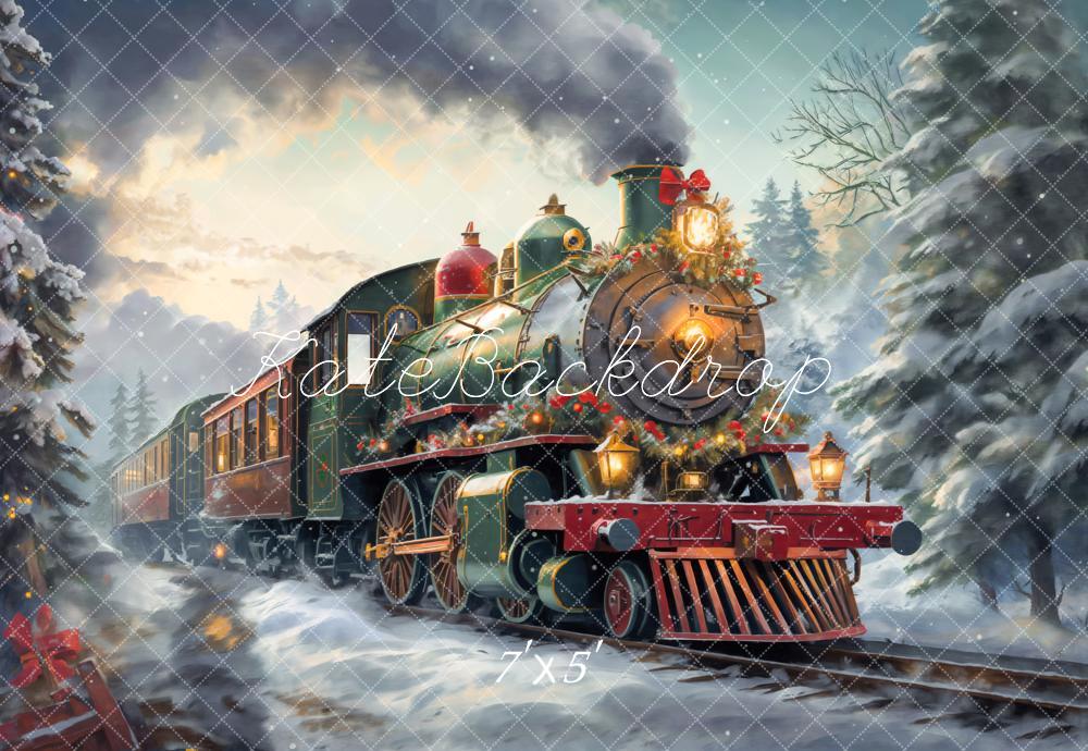 Kate Noël Train à vapeur Hiver Neige Toile de fond conçue par Emetselch - Kate Backdrop FR