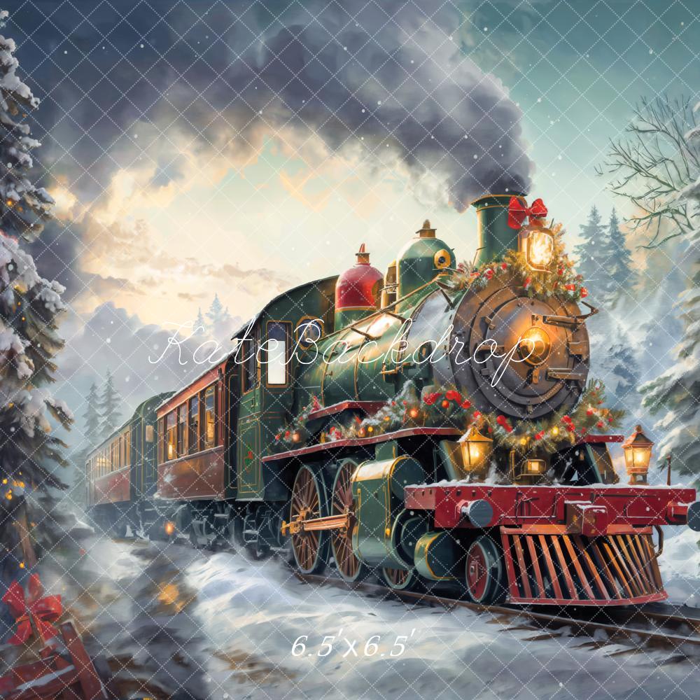 Kate Noël Train à vapeur Hiver Neige Toile de fond conçue par Emetselch - Kate Backdrop FR