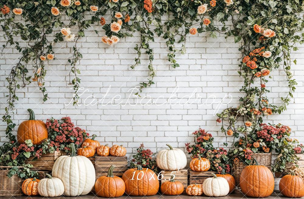 Kate Automne Citrouilles Floral Mur de briques Toile de fond conçue par Emetselch - Kate Backdrop FR