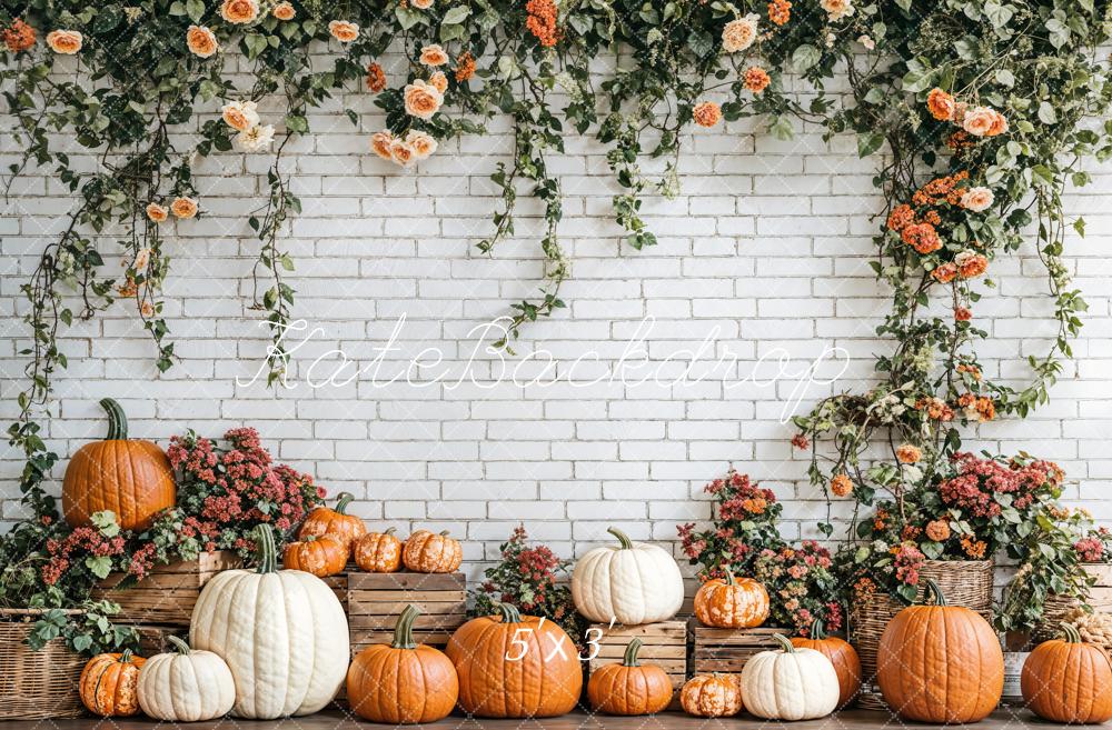 Kate Automne Citrouilles Floral Mur de briques Toile de fond conçue par Emetselch - Kate Backdrop FR