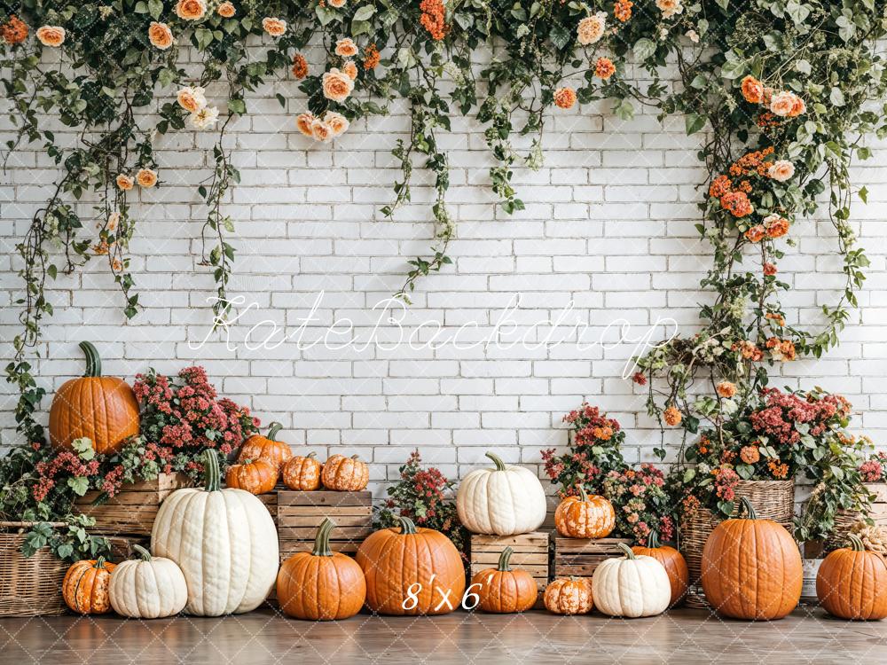 Kate Automne Citrouilles Floral Mur de briques Toile de fond conçue par Emetselch - Kate Backdrop FR