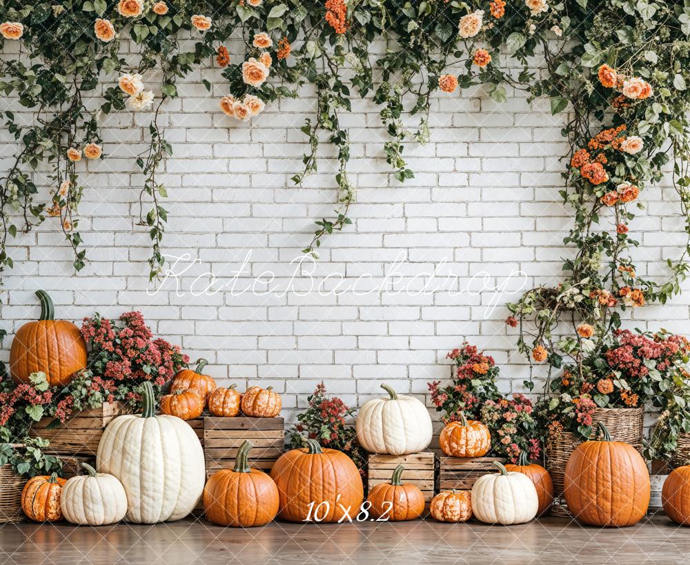 Kate Automne Citrouilles Floral Mur de briques Toile de fond conçue par Emetselch - Kate Backdrop FR