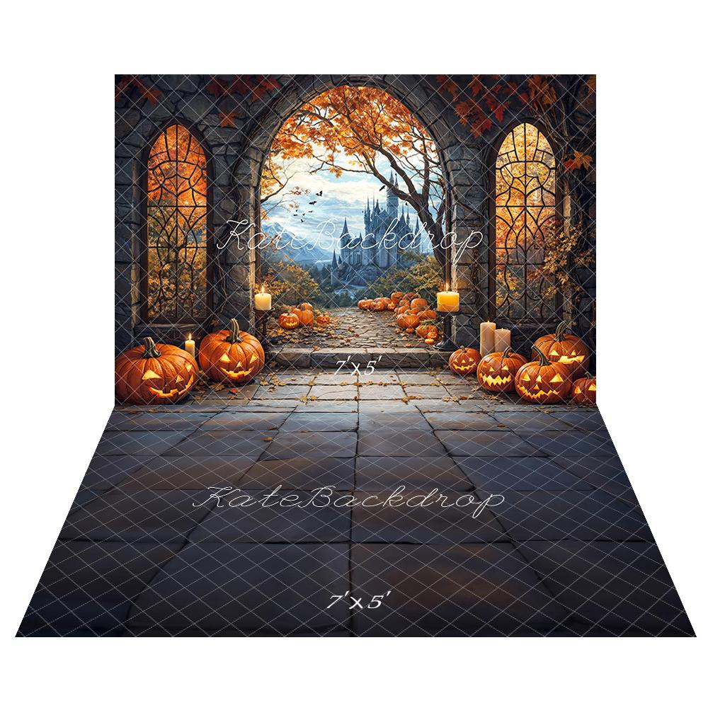 Kate Halloween Arche Érable Château Citrouille Toile de fond+Plancher en pierre Sol Toile de fond - Kate Backdrop FR