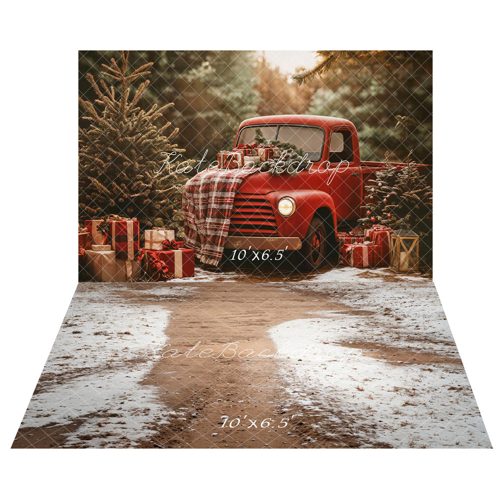 PROMO Kate Noël Camion Rouge Plaid Forêt Toile de fond+Hiver Chemin enneigé Sol Toile de fond - Kate Backdrop FR